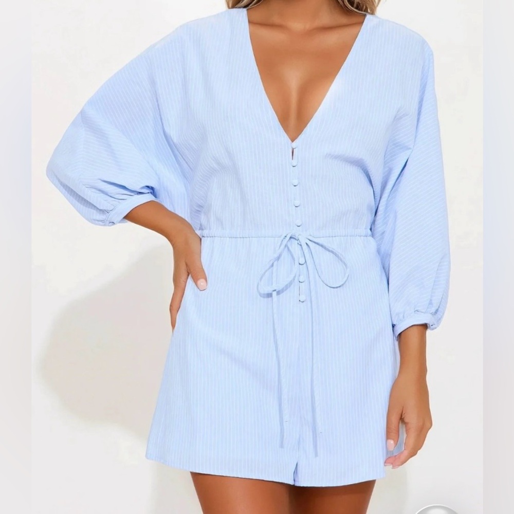 Fashion Nova Light Blue V-Neck Swim Coverup Romper